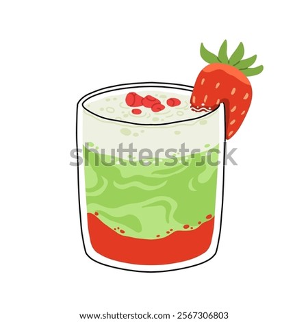 Set of Japan matcha latte. Collection of matcha drinks with latte art heart, leaf, bear, cat. Green iced matcha latte in various cups. Vector Illustration, flat cartoon Icons.