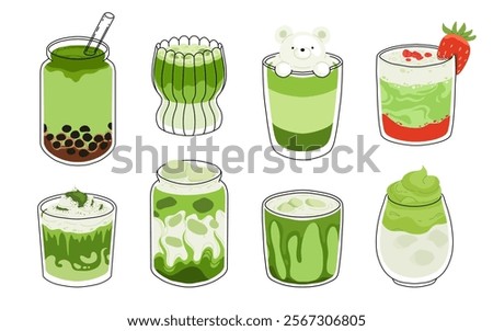Set of Japan matcha latte. Collection of matcha drinks with latte art heart, leaf, bear, cat. Green iced matcha latte in various cups. Vector Illustration, flat cartoon Icons.
