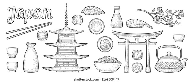 Set Japan. Mountain Fuji, pagoda, torii, sushi, chopsticks, wasabi, roll, soy sauce, cup, bottle, bowl, teapot, sakura cherry branch with flowers. Vintage black vector engraving isolated on beige