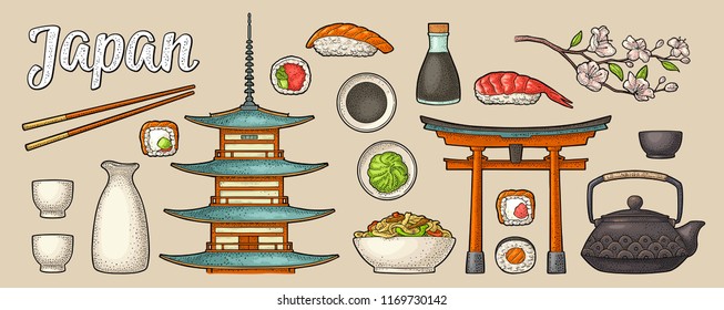 Set Japan. Mountain Fuji, pagoda, torii, sushi, chopsticks, wasabi, roll, soy sauce, cup, bottle, bowl, teapot, sakura cherry branch with flowers. Vintage color vector engraving isolated on beige