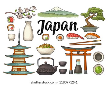 Set Japan. Mountain Fuji, pagoda, torii, bonsai. Vintage color vector engraving isolated on white