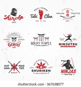 Set of Japan Ninjas Logo. Katana weapon insignia design. Vintage ninja mascot badge. Martial art Team t-shirt illustration concept