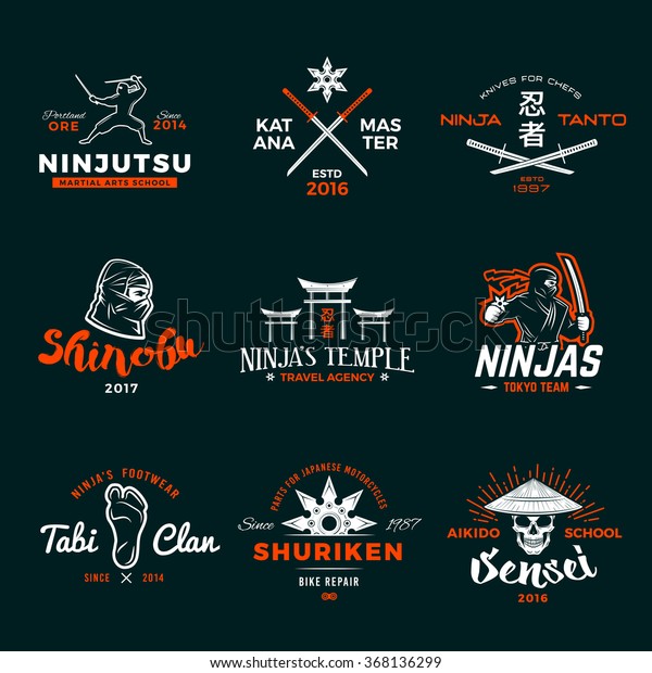 日本の忍者のロゴセット 刀剣記号のデザイン ビンテージ忍者のマスコットバッジ 武道チームtシャツのイラストコンセプト のベクター画像素材 ロイヤリティフリー