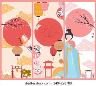 Set of Japan posters with geisha and traditional famous elements and symbols. Japan wording translation: "Japan". Editable vector illustration