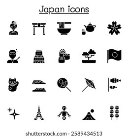 Set of Japan Related vector icon set. Contains such icon as sushi, kimono, ninja, castle, fuji mountain, bonsai, geisha and more in glyph style