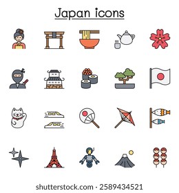 Set of Japan Related vector icon set. Contains such icon as sushi, kimono, ninja, castle, fuji mountain, bonsai, geisha and more in color line style