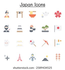 Set of Japan Related vector icon set. Contains such icon as sushi, kimono, ninja, castle, fuji mountain, bonsai, geisha and more in flat color style