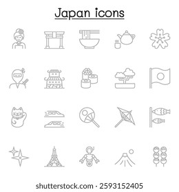 Set of Japan Related Vector Line icon. Contains such icon as sushi, kimono, ninja, castle, fuji mountain, bonsai, geisha and more