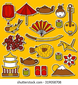 Set of Japan stickers in hand drawn style. Asia travel concept