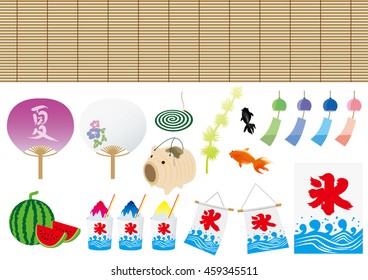 Set of Japan summer illustrations. A flag and cup with "ice" and a fan with "summer" in Japanese symbols.