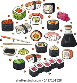 Set of japan sushi collection isolated on white background in circle. Japan food, asian