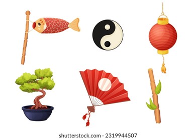 Set Japan traditional lantern with gold tassel, asian hand fan, paper koinobori fish, bonsai tree in cartoon style isolated on white background. 
