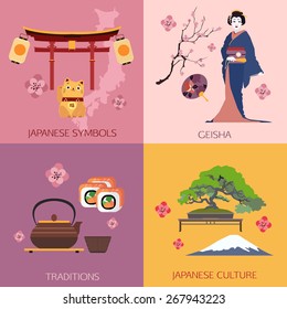 Set of Japan travel compositions with place for text. Vector illustration