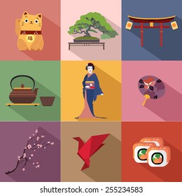 Set of Japan travel flat icons. Vector illustration.