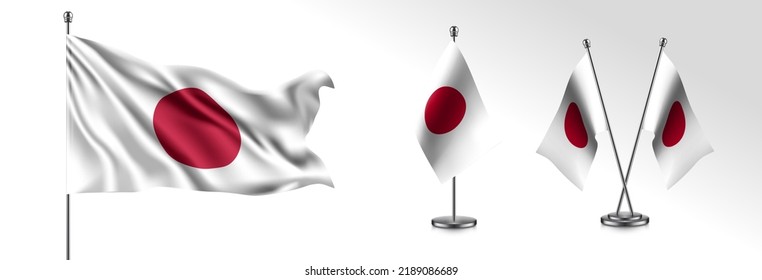 Set of Japan waving flag on isolated background vector illustration. 3 Japanese wavy realistic flag as a patriotic symbol