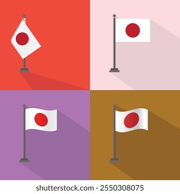 Set of Japan waving flag on isolated background vector illustration. 4 Japanese wavy realistic flag as a patriotic symbol