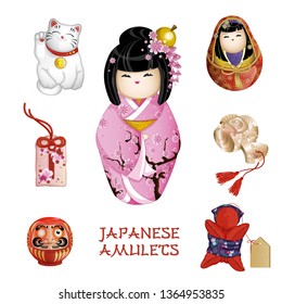 Un conjunto de amuletos japoneses: kokeshi, felino feliz, omamori, daruma, saruboba, martillo daikoku. tradiciones japonesas, recuerdos turísticos. ilustración vectorial.