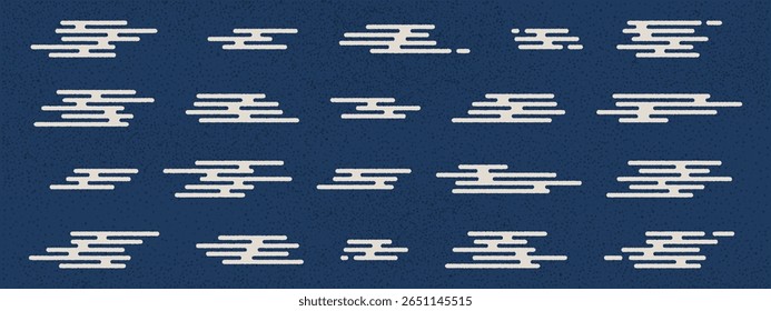 A set of Japanese or Asian style clouds on a blue abstract grunge background. Vector rough elements of Chinese ornamentation for simple ethnic decor or themed illustrations.
