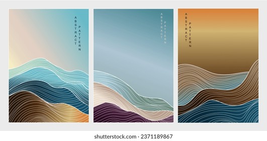 Set of Japanese background with line wave pattern vector. Abstract template with geometric pattern. Mountain and ocean object in oriental style. 