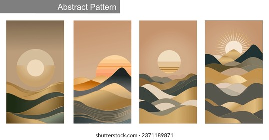 Set of Japanese background with line wave pattern vector. Abstract template with geometric pattern. Mountain and ocean object in oriental style. 