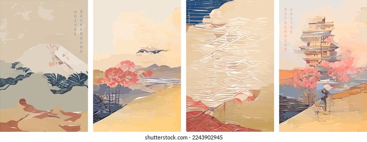 Set of Japanese background. Ukiyoe traditional illustration of landscape, mountains, pagoda, Sakura.