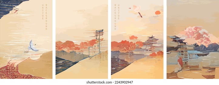Set of Japanese background. Ukiyoe traditional illustration of landscape, mountains, pagoda, Sakura.