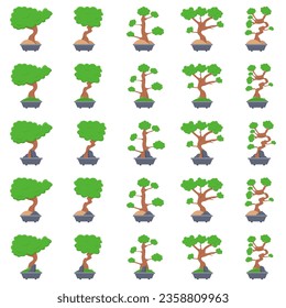 Set of Japanese bonsai trees grown in containers. Beautiful realistic tree. Bonsai style tree. Bonsai tree on red box. Decorative vector illustration of a small tree. Nature art