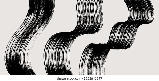 Set of Japanese brush stroke texture on white background. Wavy black bold strokes. Template grunge strong brush stroke graphic element, turbulence brush stroke. Vector Japanese brush illustration.