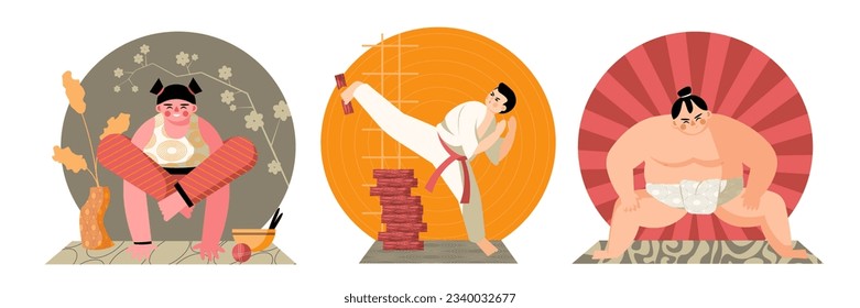 Set of Japanese cartoon characters actively doing sports. Man practices karate and breaks bricks with foot. Wrestler doing sumo. Japanese woman training at home. Flat vector illustration