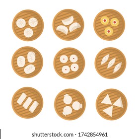 Set of japanese or chinese dumplings in bamboo steamer. Dimsum, Baozi, Bao. Vector flat cartoon illustration. Asian food