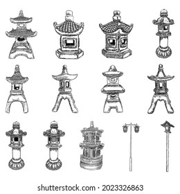 Set of Japanese and Chinese street lamps. Traditional Asian pole lanterns. Garden stone lamps. Ancient Buddhist Toro light decoration replicating pagoda. For garden ornaments in Japan. Vector.