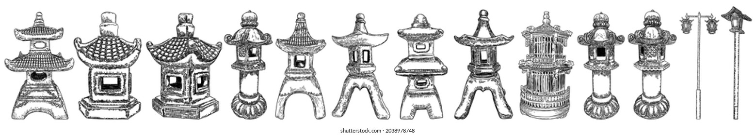 Set of Japanese and Chinese street lamps. Traditional Asian pole lanterns. Garden stone lamps. Ancient Buddhist Toro light decoration replicating pagoda. For garden ornaments in Japan. Vector.