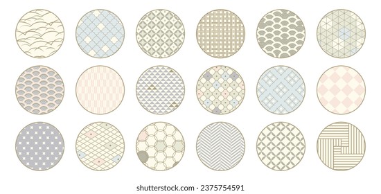 Set of Japanese Circle Patterns. Asian Oriental Style Design Ornaments for Decorative Graphic, Fabric, Festive Illustrations.