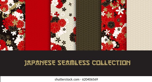 Set of Japanese classic sakura and ornaments seamless patterns for traditional fabric, asian festive design in red, black, white, golden with spring flowers in blossom, vector illustration