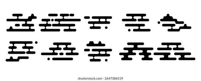 Set of Japanese cloud motifs. Traditional Asian style geometric cloud shapes. Minimal oriental ornaments. Vector illustration