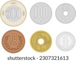 The set of Japanese coins isolated on white background