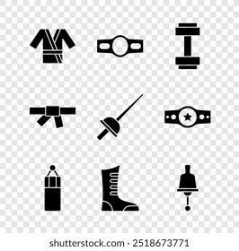 Set Japanese costume Kimono, Boxing belt, Dumbbell, Punching bag, Sport boxing shoes, Ringing, Black karate and Fencing icon. Vector