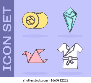 Set Japanese costume Kimono, Sushi, Origami bird and Temaki roll icon. Vector