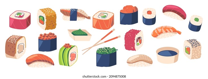 Set of Japanese Cuisine Sushi Gunkanmaki Ikura with Salmon Roe, Tobiko with Flying Fish Roe and Uni with Sea Urchin, Sashimi, Caviar, Wooden Bamboo Chopsticks, Soy Sauce. Cartoon Vector Illustration