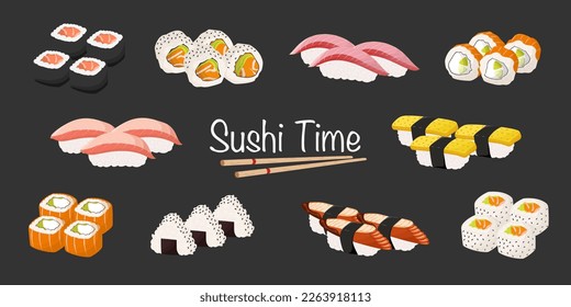 

Set of Japanese Cuisine Sushi Gunkanmaki Ikura with Salmon Roe, Tobiko with Flying Fish Roe and Uni with Sea Urchin, Sashimi, Caviar, Wooden Bamboo Chopsticks, Soy Sauce. Cartoon Vector Illustration