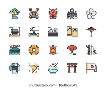 Set of Japanese Culture Color Line Icons. Bonsai Tree, Katana, Sushi and more.