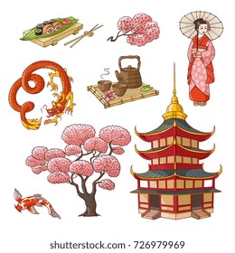 Set von japanischen Kulturelementen - Geisha, Sakura, Koi, Sushi, Pagoda, Tee, Drachen, handgezeichnete Vektorgrafik einzeln auf weißem Hintergrund. Satz von japanischen Kultursymbolen, Symbolen, Elementen