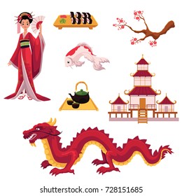 Set of Japanese culture elements - geisha, sakura, koi, sushi, pagoda, tea, dragon, cartoon vector illustration isolated on white background. Set of Japanese culture symbols, icons, elements