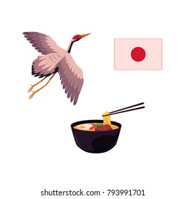 Set of Japanese culture elements - national flag, flying crane bird and ramen soup, flat cartoon vector illustration isolated on white background. Japan icons - flag, crane and bowl of ramen soup
