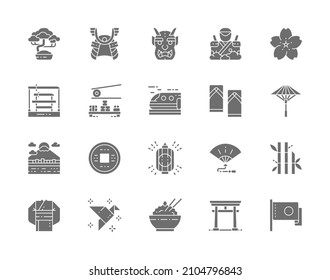 Set of Japanese Culture Grey Icons. Bonsai Tree, Katana, Sushi, Kimono and more.