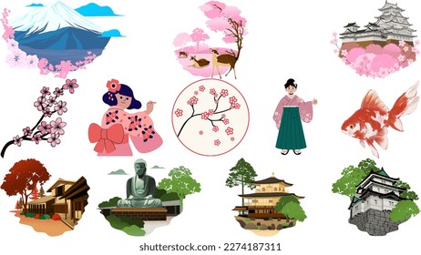 Set of Japanese culture style icons. Containing such icons as landscape, geisha, cherry blossom, koi fish, temple and buddha statue. Hand drawn colorful vector illustration. Card, invitation, poster,