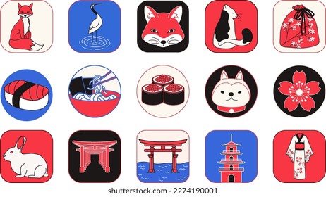 Set of Japanese culture style icons. Containing such icons as fox, cat, sushi, temple, gate, kimono, doge, noodles etc. Hand drawn colorful vector illustration. Card, invitation, poster, template.