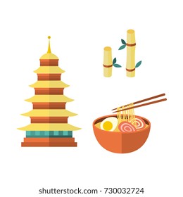 Set of Japanese culture symbols – multi-storied pagoda, egg noodle and bamboo plant, flat vector illustration isolated on white background. Set of flat Japanese culture icons - pagoda, noodle, bamboo