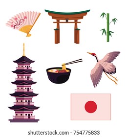 Set of Japanese culture symbols - pagoda, crane, bamboo, torii gates, flag, egg noodle and paper fan, vector illustration isolated on white background. Set of Japanese culture symbols, icons, elements