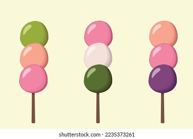 Set japanischer Dango auf einem Stock. Flache Vektorgrafik. asiatische Küche.